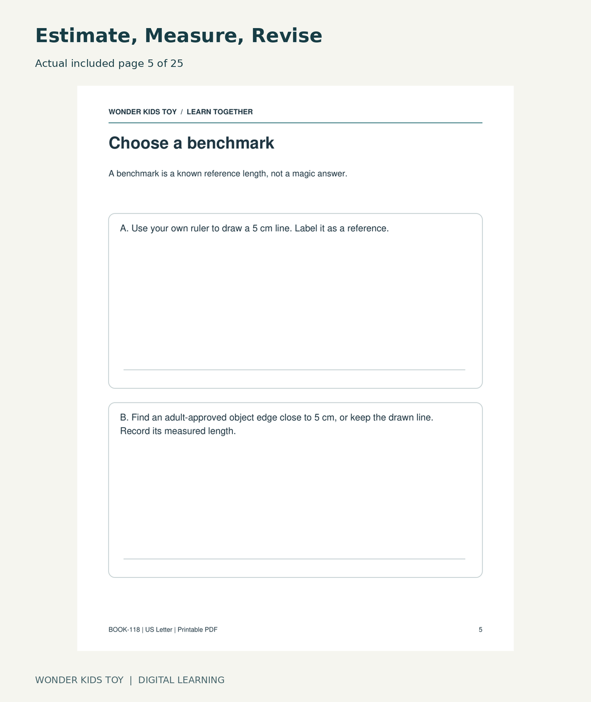 Estimate, Measure, Revise: actual included PDF page 5 of 25, readable interior preview