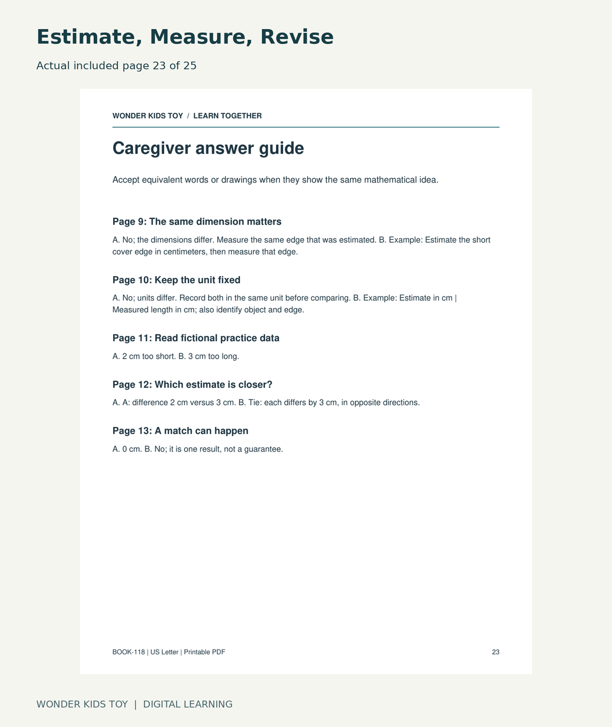Estimate, Measure, Revise: actual included PDF page 23 of 25, readable interior preview