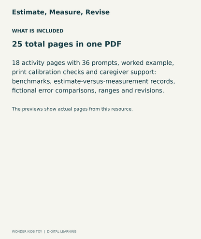Estimate, Measure, Revise: contents overview, 25 total pages in one PDF; 18 activity pages with 36 prompts, worked example, print calibration checks and caregiver support: benchmarks, estimate-versus-measurement records, fictional error comparisons, ranges and revisions.