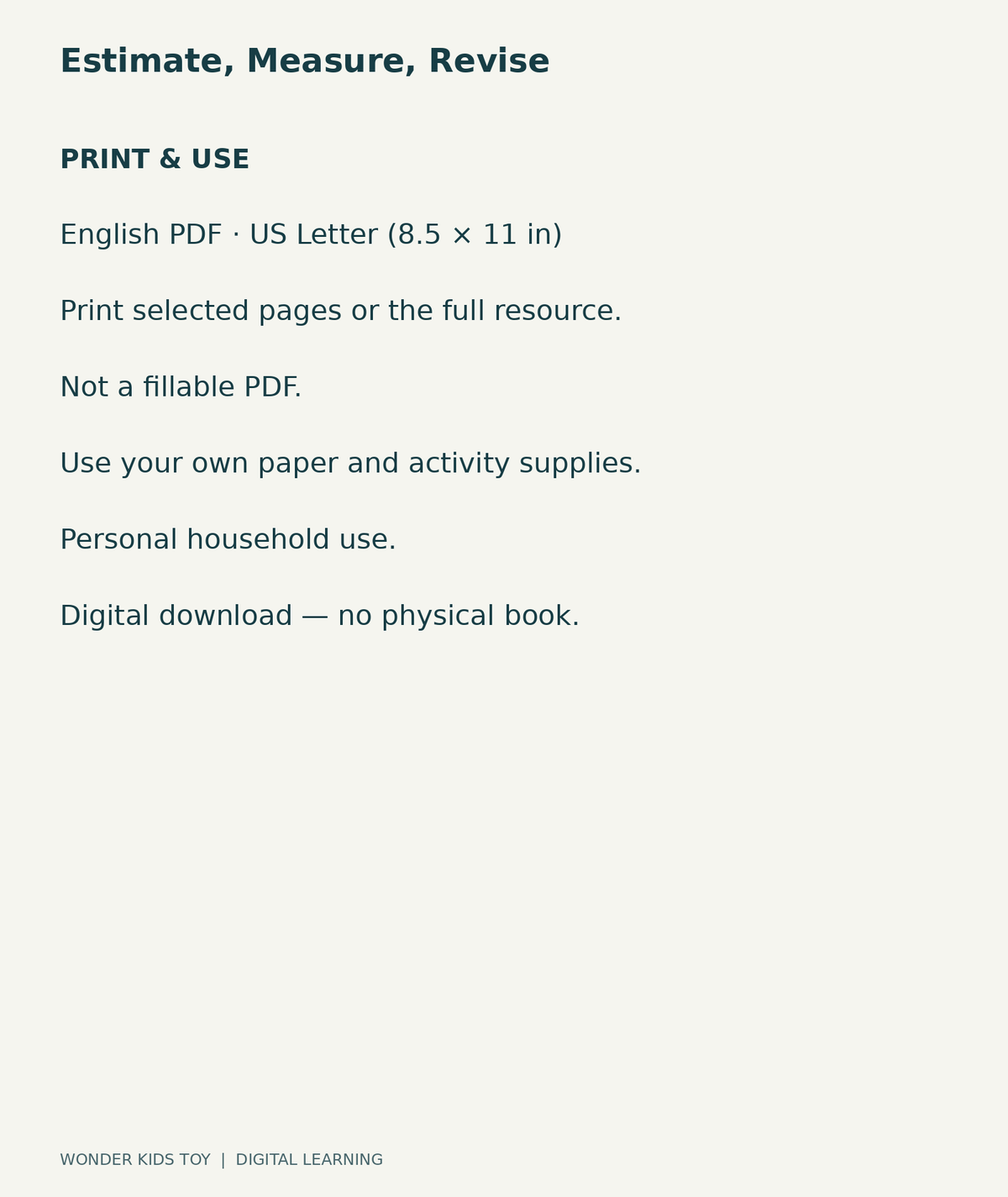 Estimate, Measure, Revise: US Letter English printable PDF, not fillable; own supplies required; personal household use