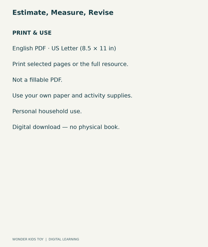 Estimate, Measure, Revise: US Letter English printable PDF, not fillable; own supplies required; personal household use