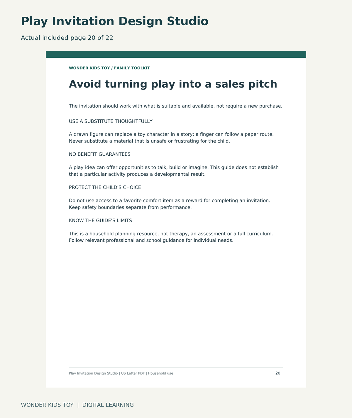 Play Invitation Design Studio: actual included PDF page 20 of 22, readable interior preview