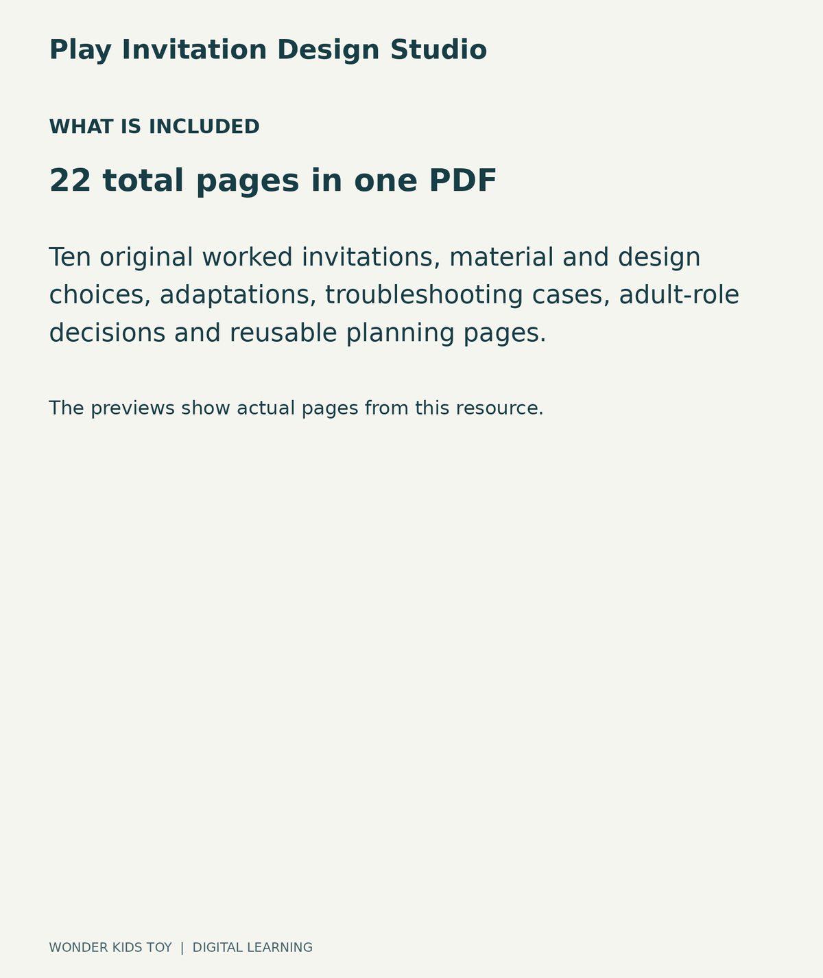 Play Invitation Design Studio: contents overview, 22 total pages in one PDF; Ten original worked invitations, material and design choices, adaptations, troubleshooting cases, adult-role decisions and reusable planning pages.