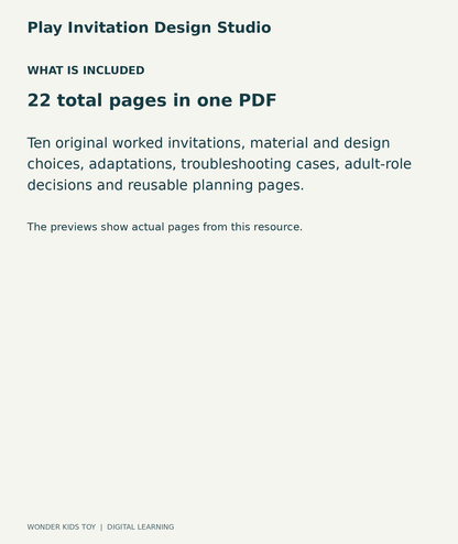 Play Invitation Design Studio: contents overview, 22 total pages in one PDF; Ten original worked invitations, material and design choices, adaptations, troubleshooting cases, adult-role decisions and reusable planning pages.
