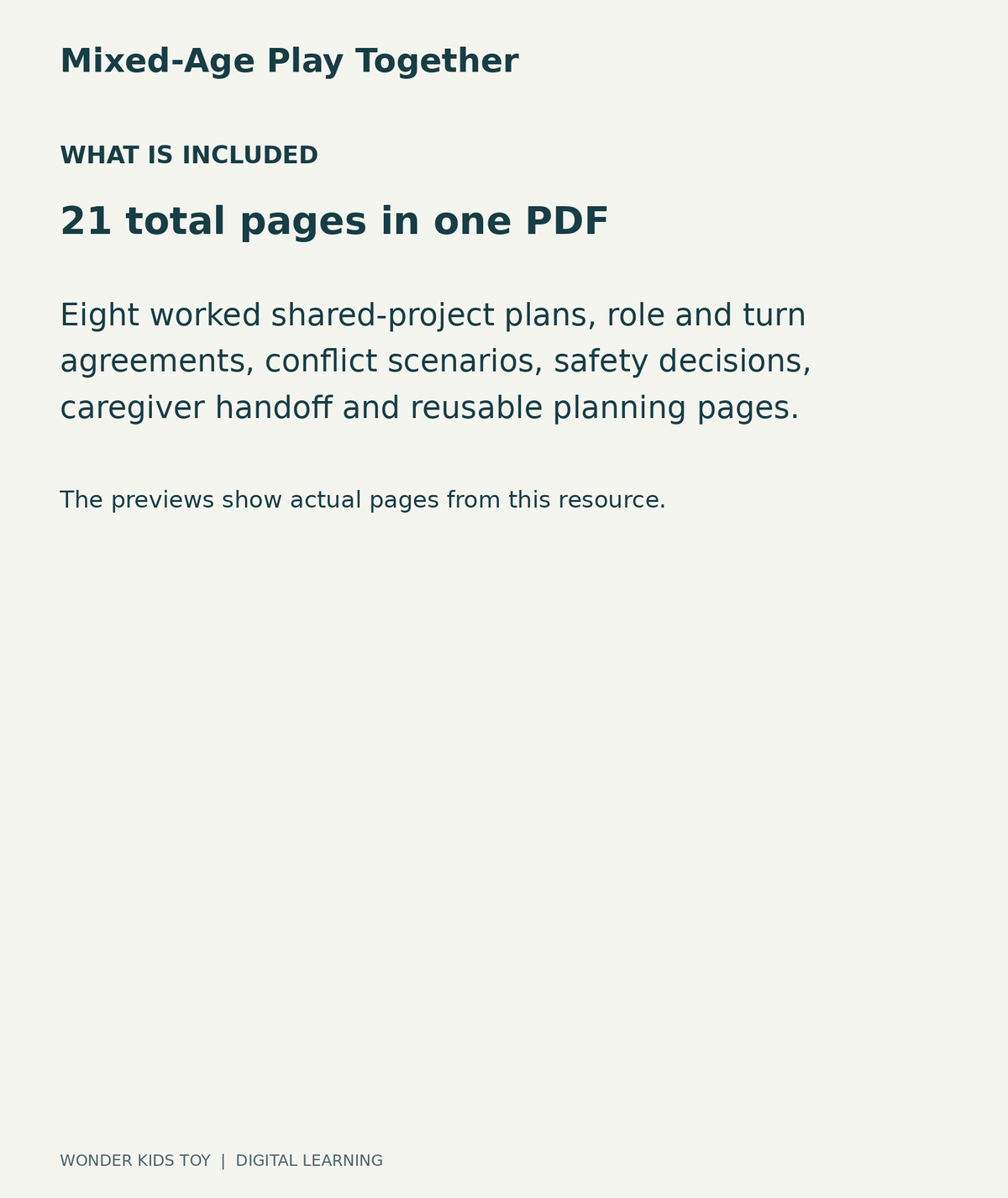 Mixed-Age Play Together: contents overview, 21 total pages in one PDF; Eight worked shared-project plans, role and turn agreements, conflict scenarios, safety decisions, caregiver handoff and reusable planning pages.