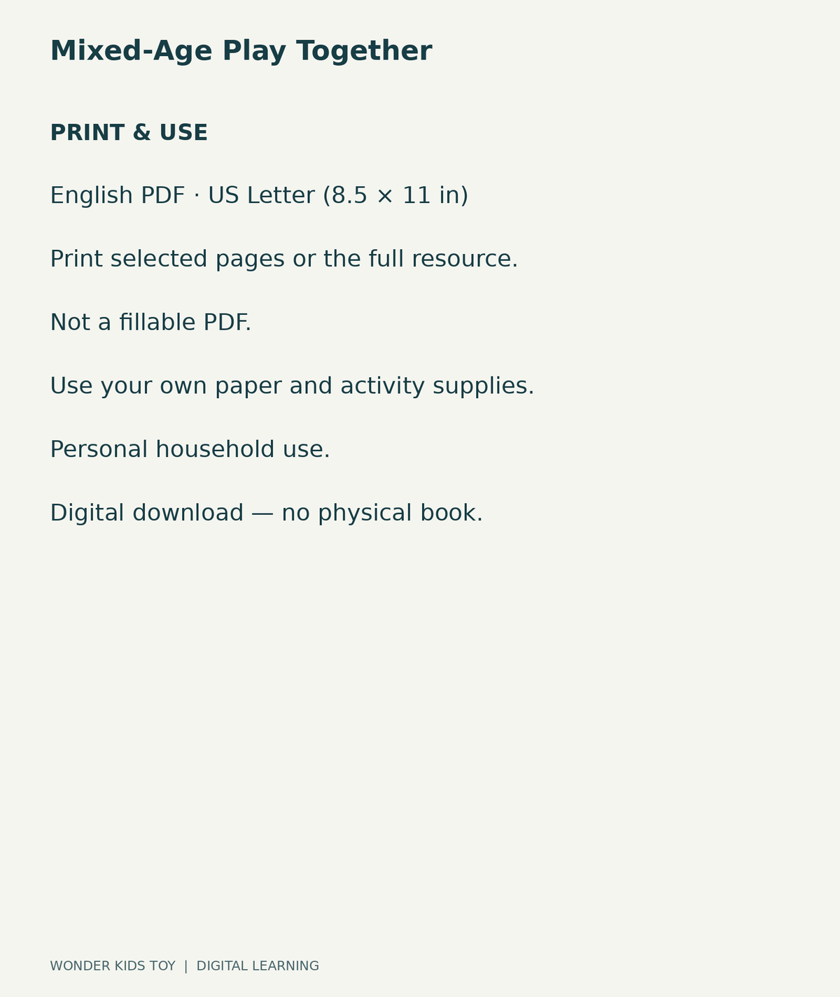 Mixed-Age Play Together: US Letter English printable PDF, not fillable; own supplies required; personal household use
