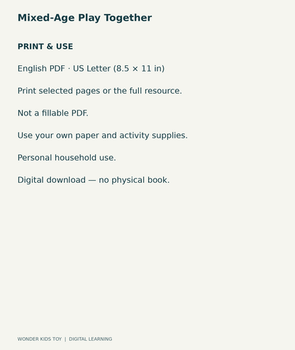 Mixed-Age Play Together: US Letter English printable PDF, not fillable; own supplies required; personal household use