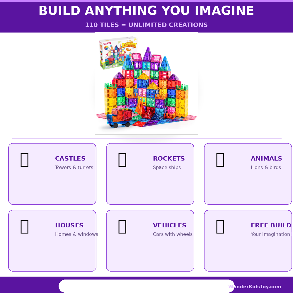 110-Piece Magnetic Tiles Building Set with Vehicle – 3D STEM Toy Ages 3+
