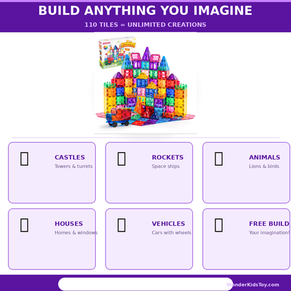 110-Piece Magnetic Tiles Building Set with Vehicle – 3D STEM Toy Ages 3+
