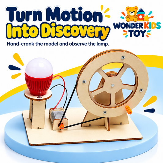 Hand-Crank Generator Kit branded gallery design: Turn Motion Into Discovery Hand-crank the model and observe the lamp.