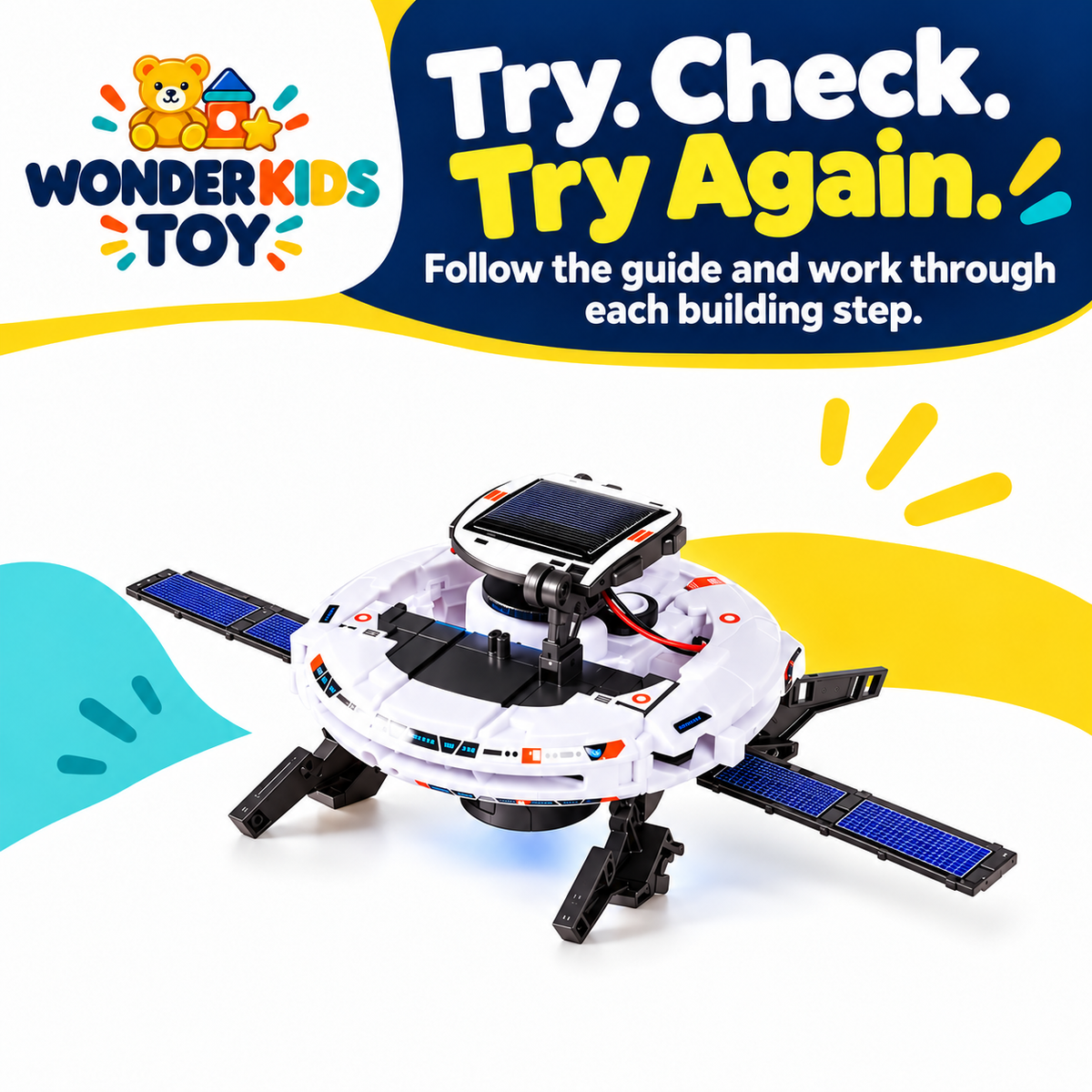 White solar space-station model beneath a build-and-try-again message