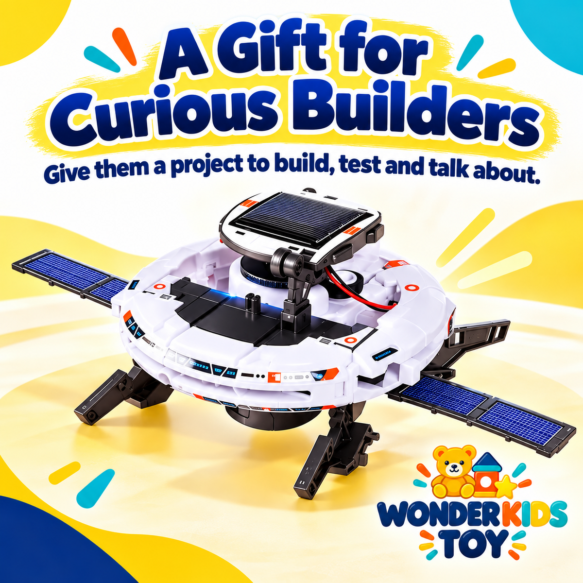 White solar space-station model on a yellow promotional background