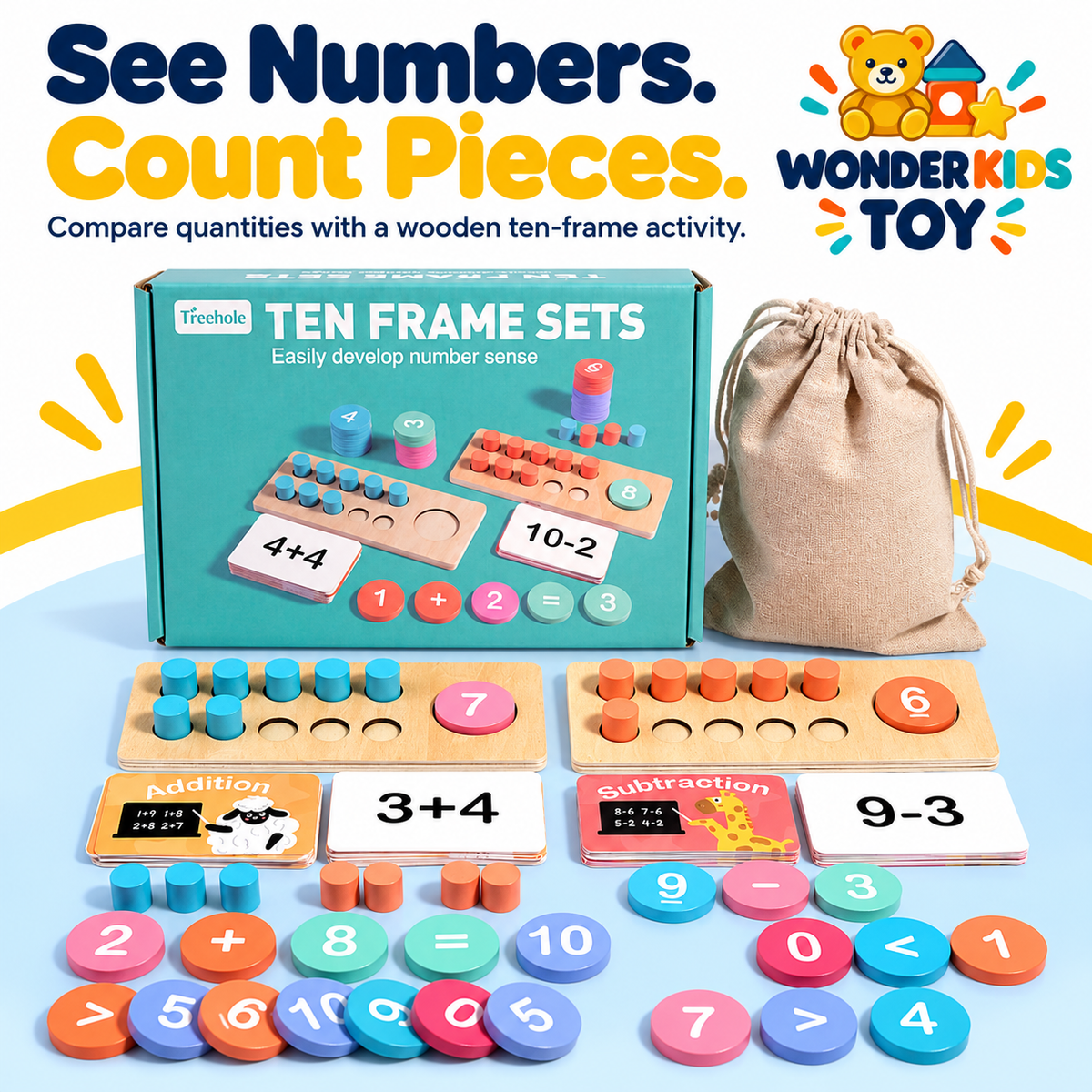 Wooden Counting Toy branded gallery design: See Numbers. Count Pieces. Compare quantities with a wooden ten-frame activity.