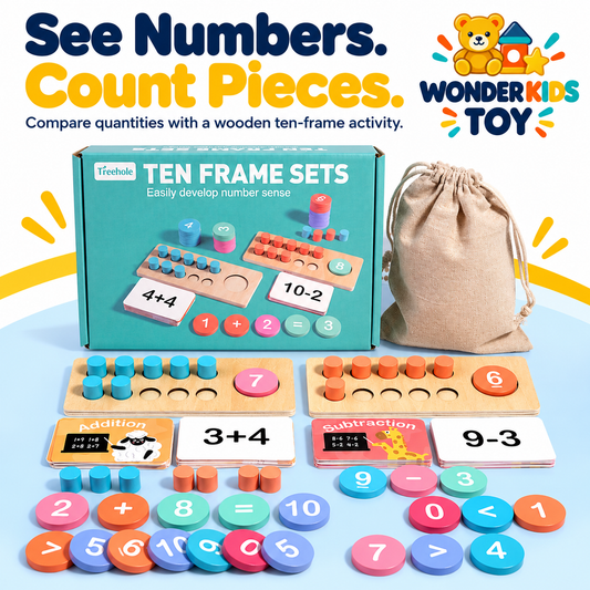 Wooden Counting Toy branded gallery design: See Numbers. Count Pieces. Compare quantities with a wooden ten-frame activity.