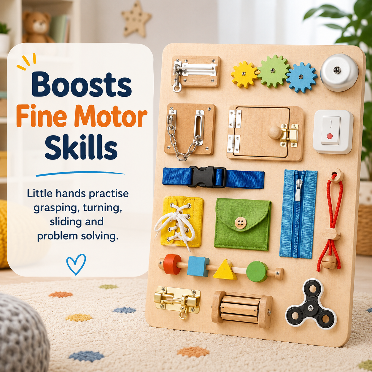 Wooden busy board for kids that supports fine motor skills through grasping, turning, sliding and problem solving