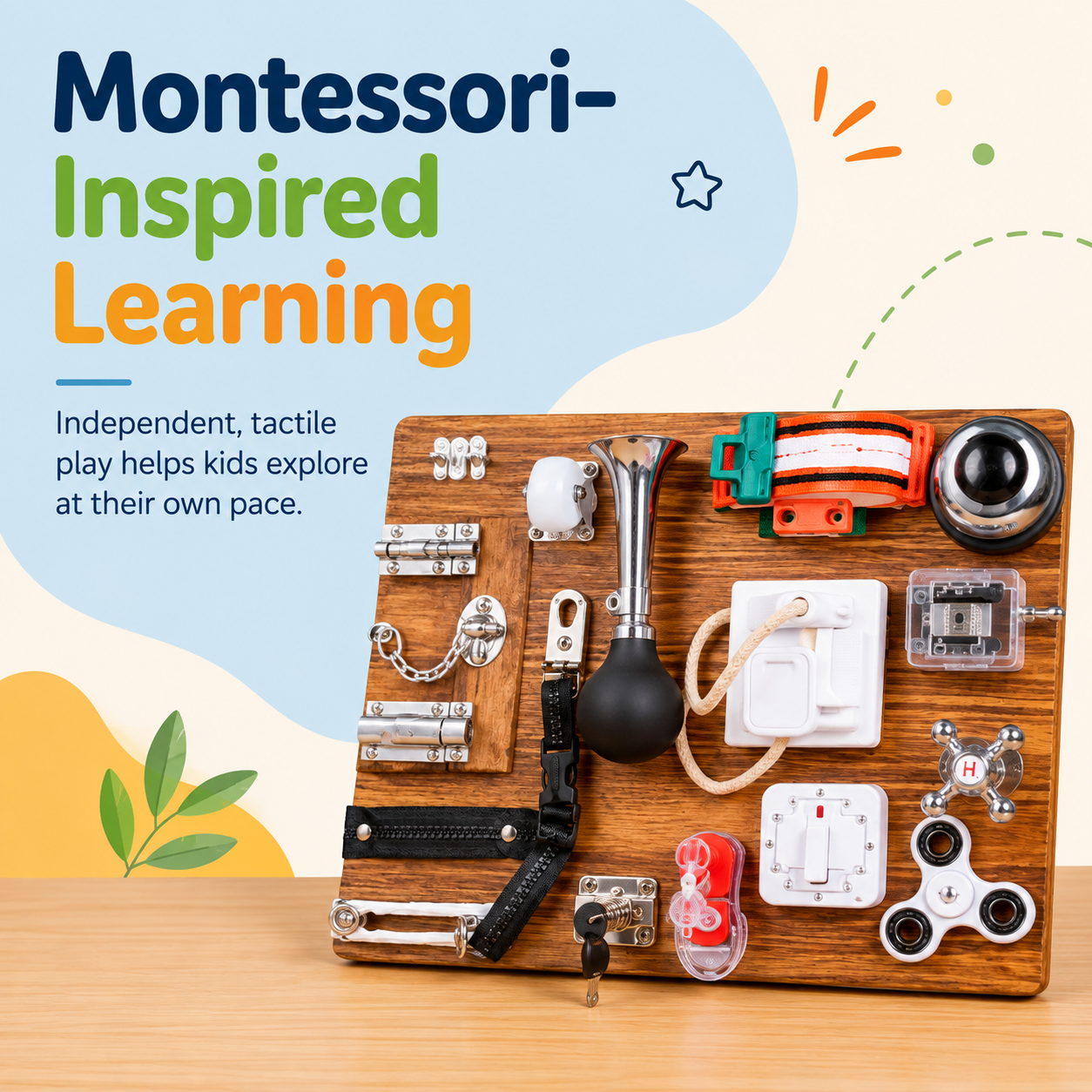 Wooden busy board for kids that builds fine motor skills through zipping, buckling, latching and exploring