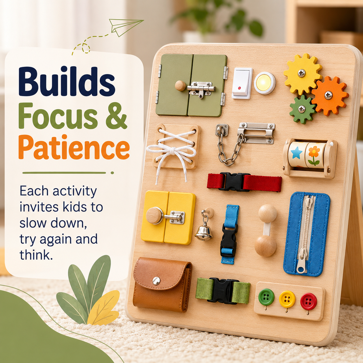 Wooden busy board for kids that encourages focus, patience, trying again and hands-on problem solving