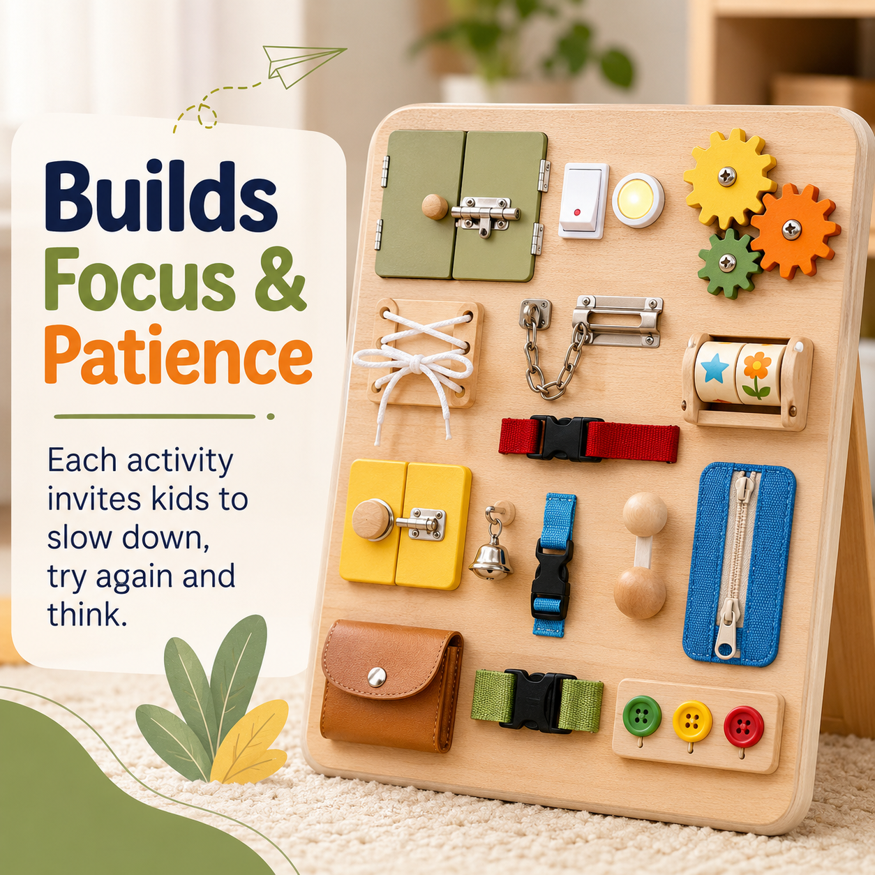 Wooden busy board for kids that encourages focus, patience, trying again and hands-on problem solving