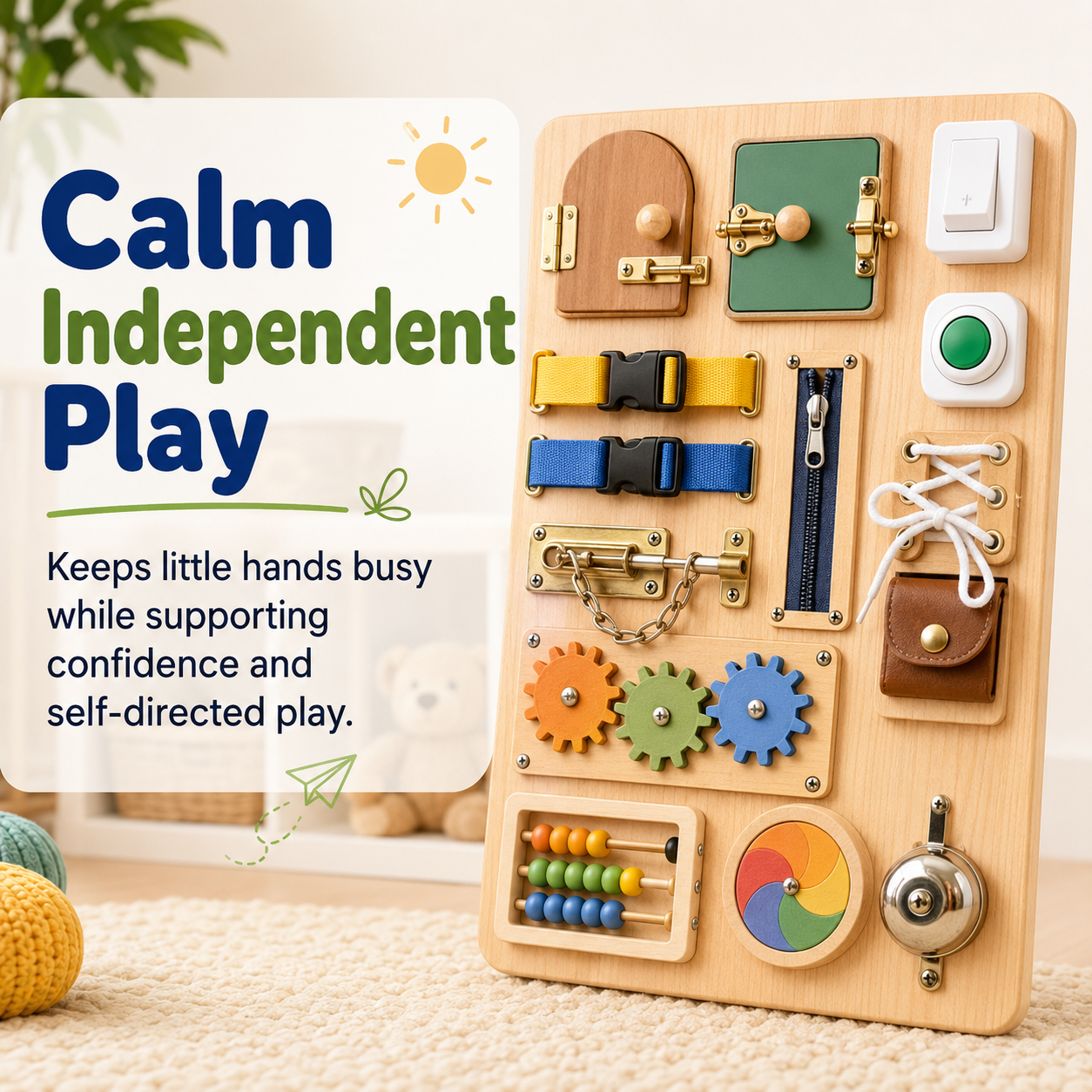 Wooden busy board for kids that keeps little hands busy while supporting calm independent play and confidence