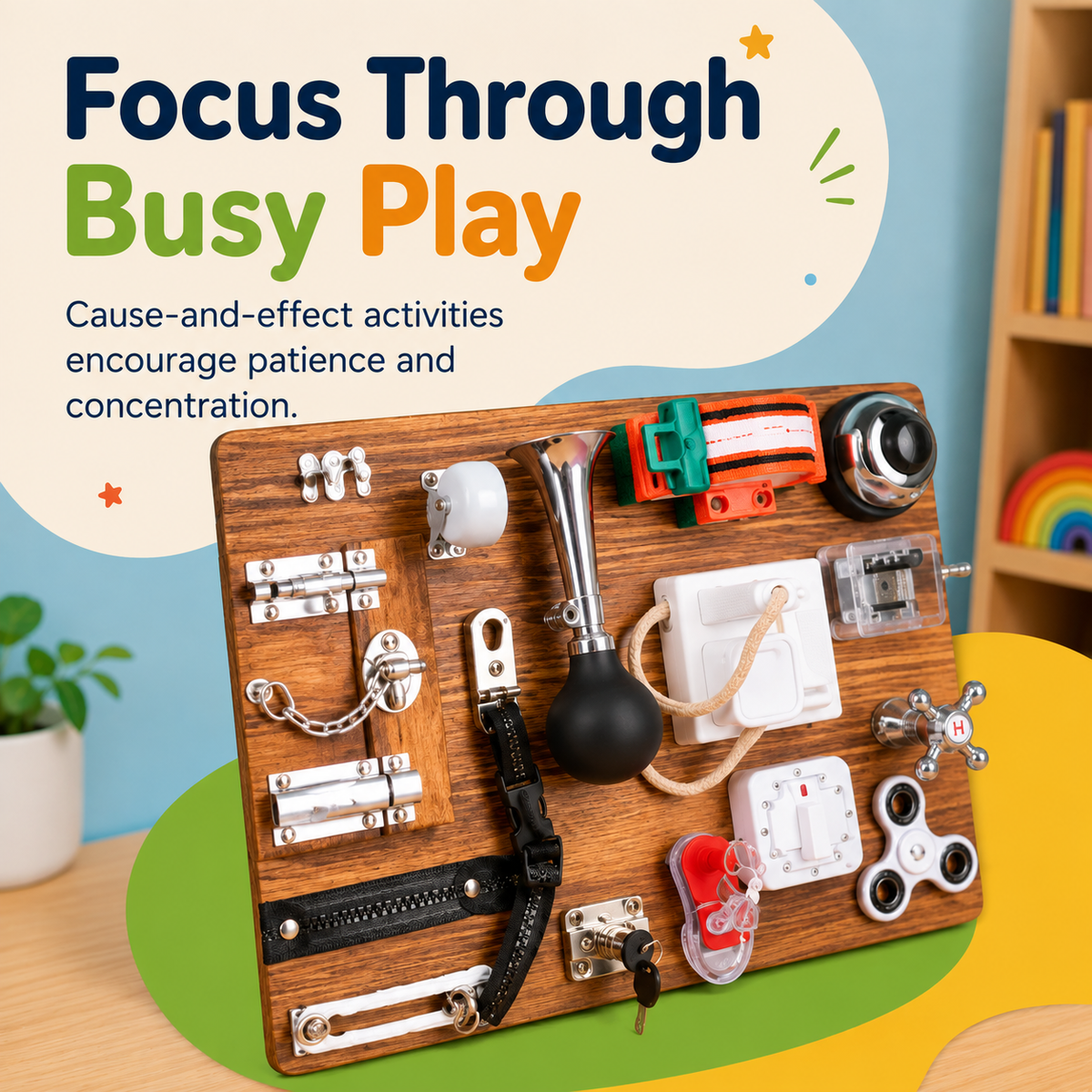 Wooden busy board for kids designed to encourage focus, patience and concentration through busy play