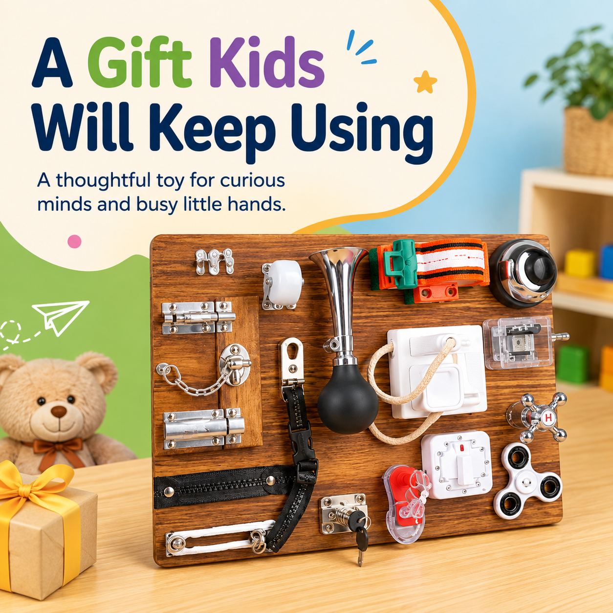 Wooden busy board gift for curious kids and busy little hands