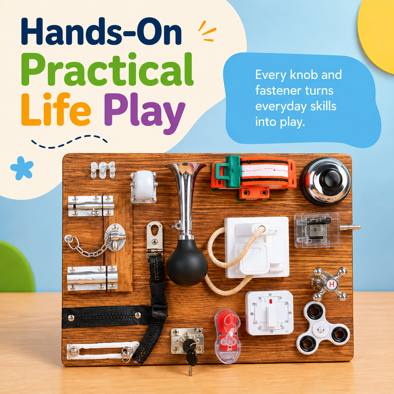 Wooden busy board for practical life play with knobs, fasteners, latches and tactile activities