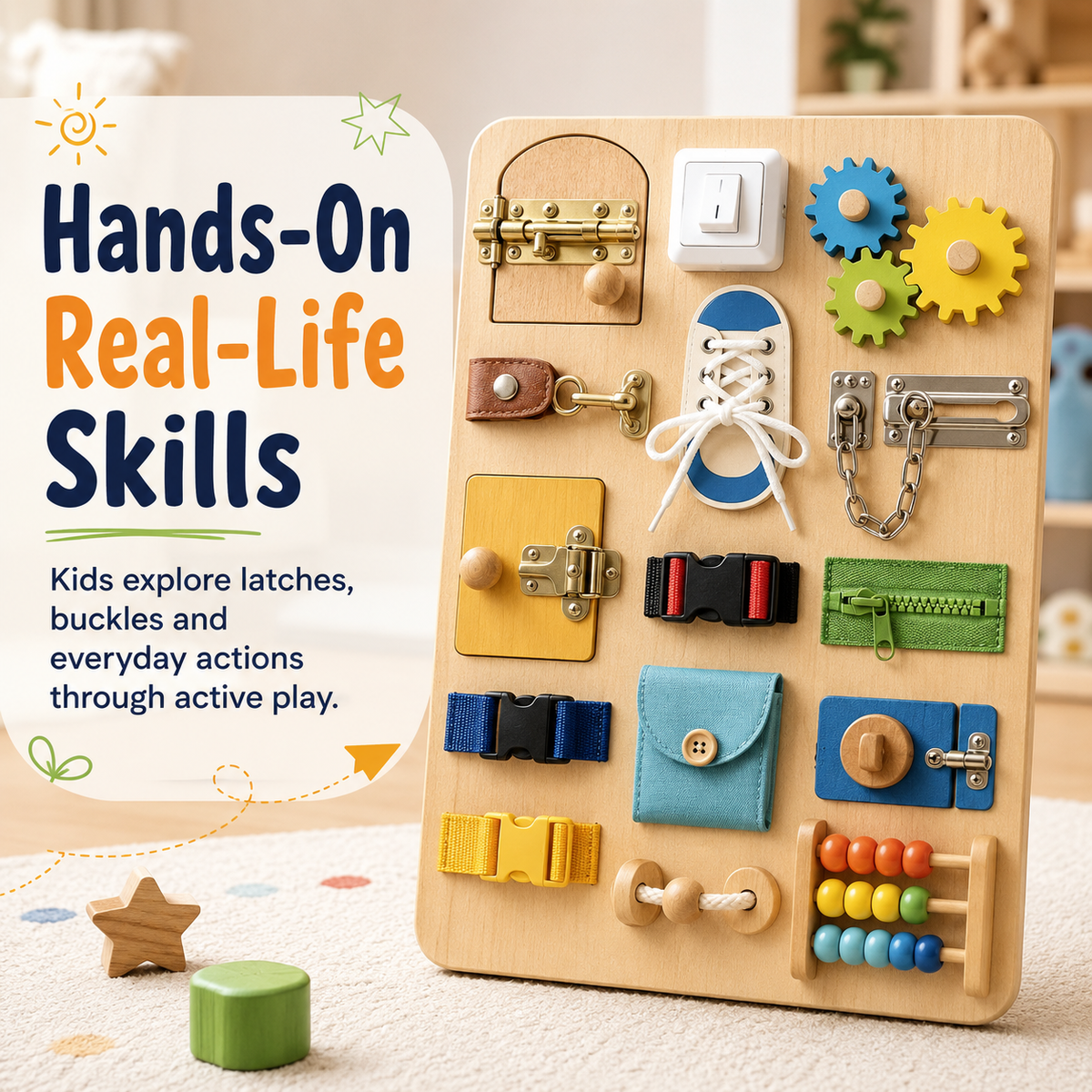 Wooden busy board for kids showing hands-on real-life skills with latches, buckles and everyday actions through active play