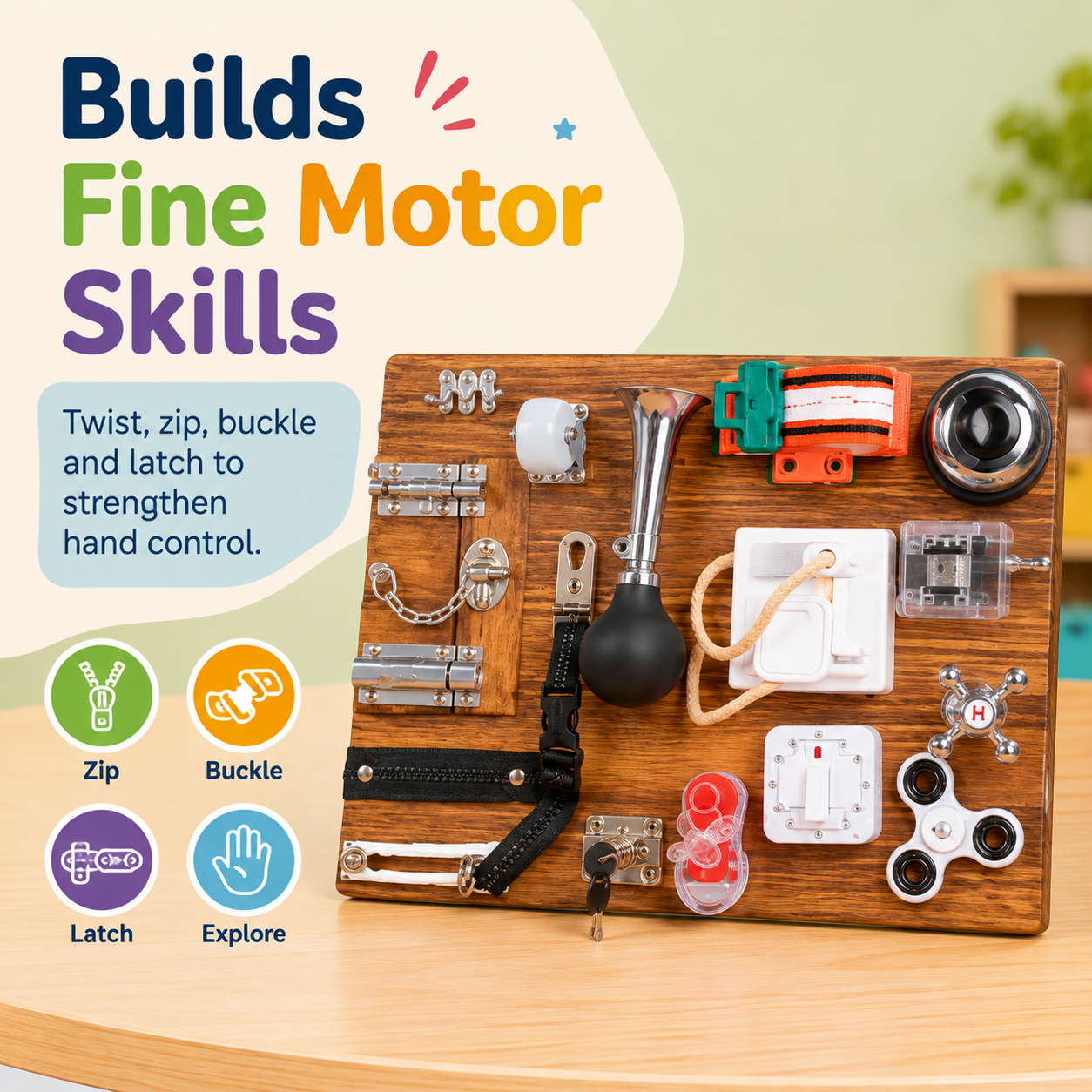Montessori-inspired wooden busy board for independent tactile learning and exploration
