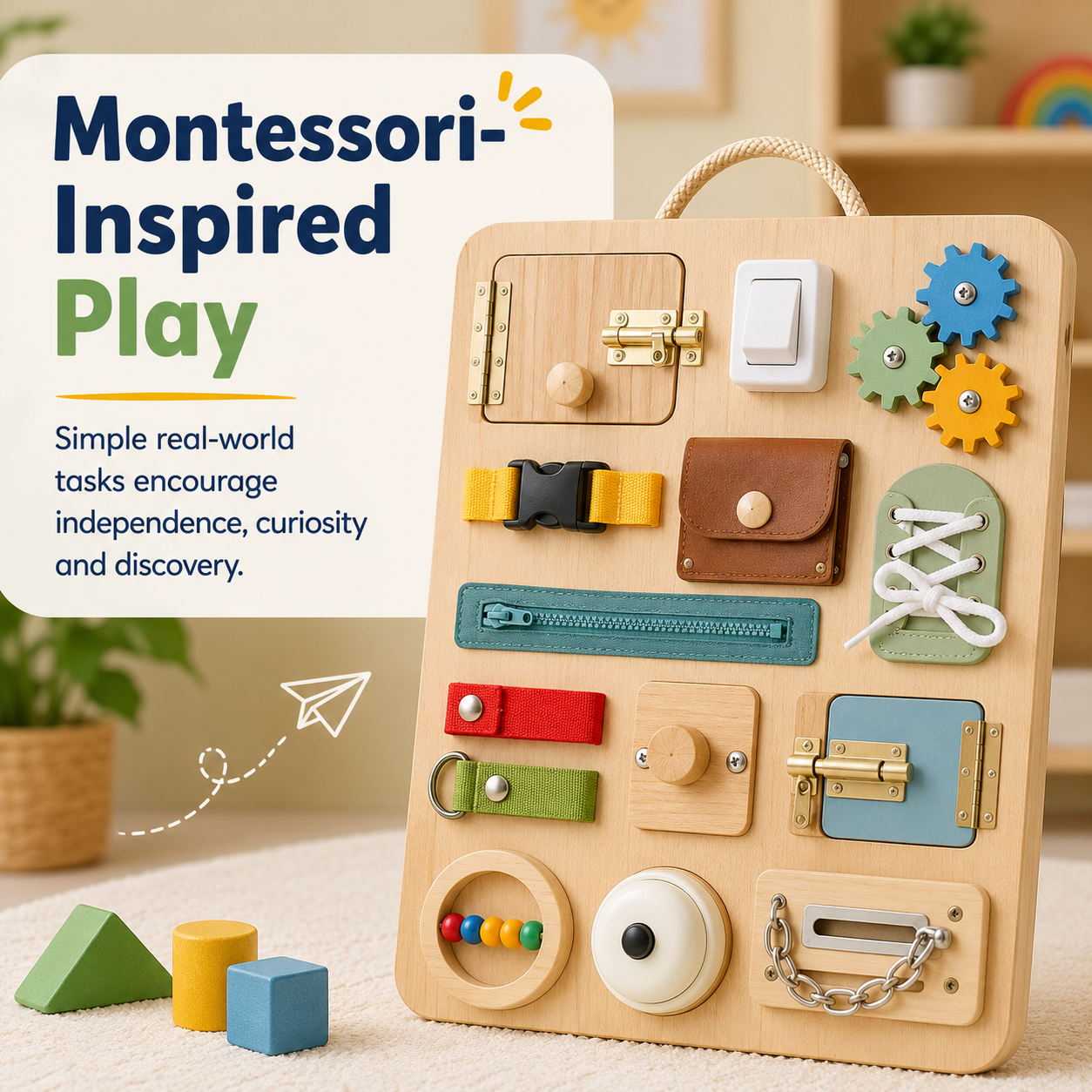 Montessori-inspired wooden busy board for kids with simple real-world tasks for independence, curiosity and discovery