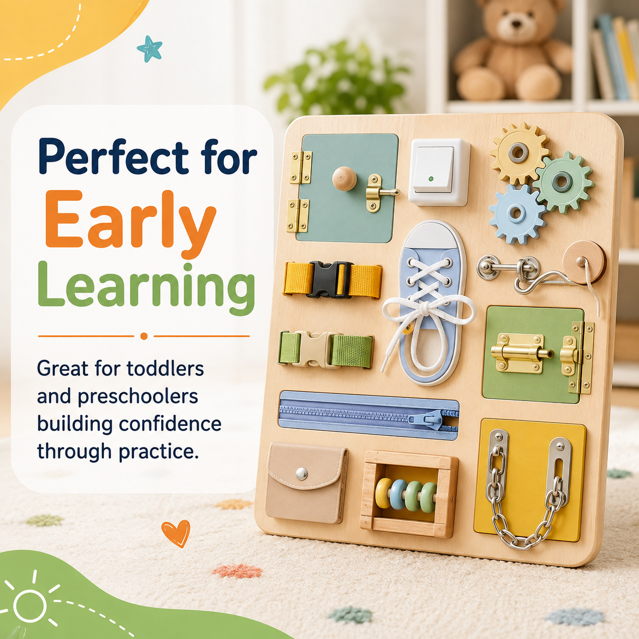 Wooden busy board for toddlers and preschoolers supporting confidence through hands-on early learning practice