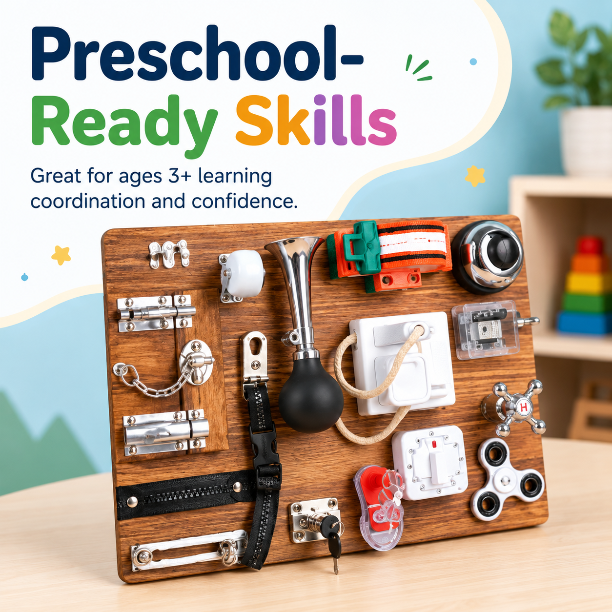 Wooden busy board for kids supporting preschool-ready coordination and confidence through hands-on play