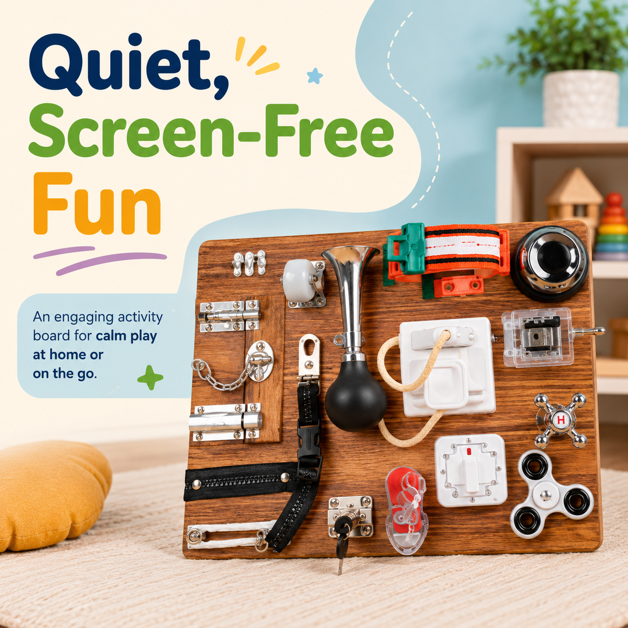 Wooden busy board for quiet screen-free fun at home or on the go