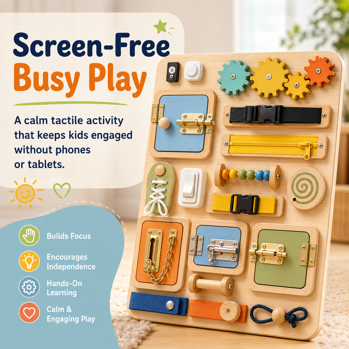 Wooden busy board for kids offering calm screen-free busy play without phones or tablets