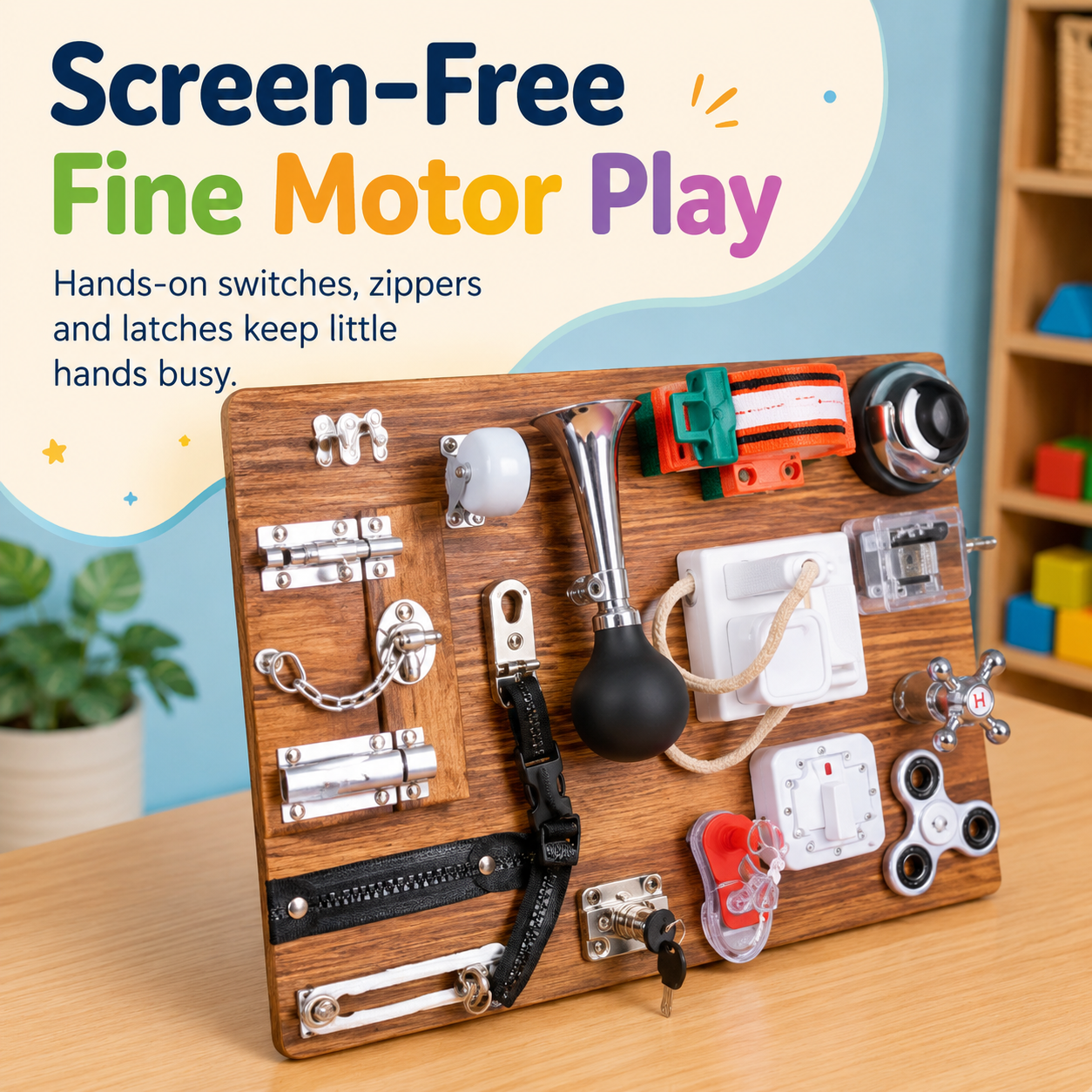 Wooden busy board for kids with screen-free fine motor play features including switches, zippers and latches