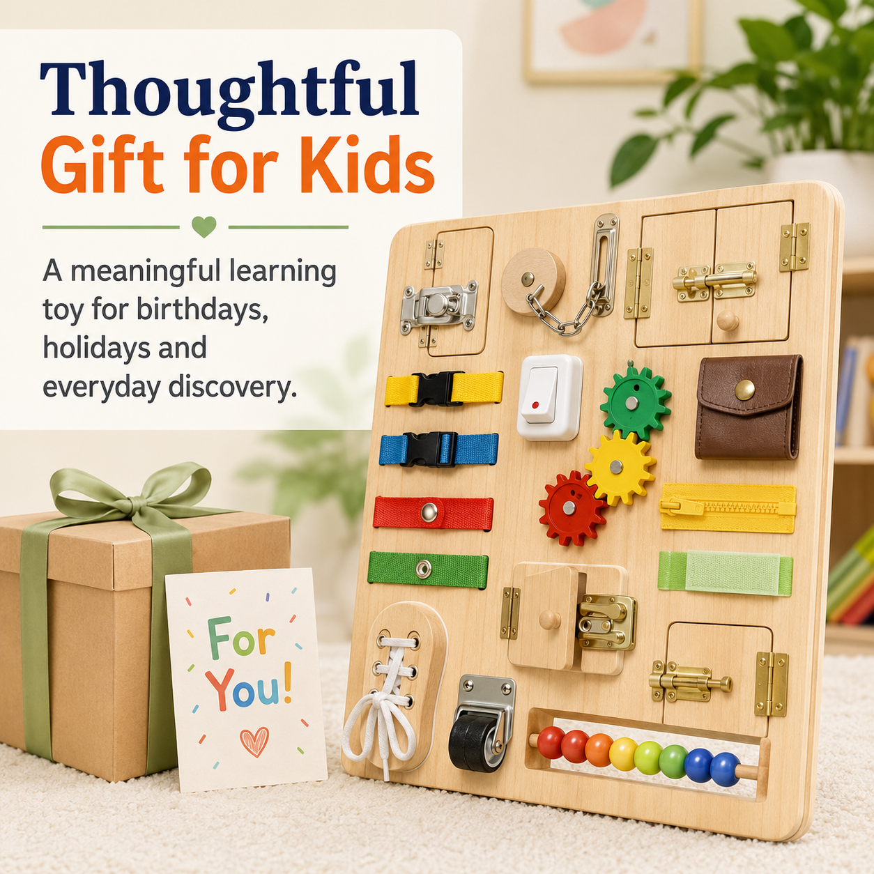 Wooden busy board for kids as a thoughtful learning gift for birthdays, holidays and everyday discovery