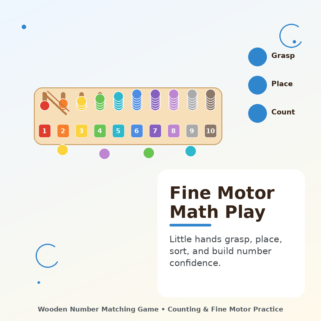 Wooden number matching game that supports fine motor math play, grasping, placing, sorting and early number confidence