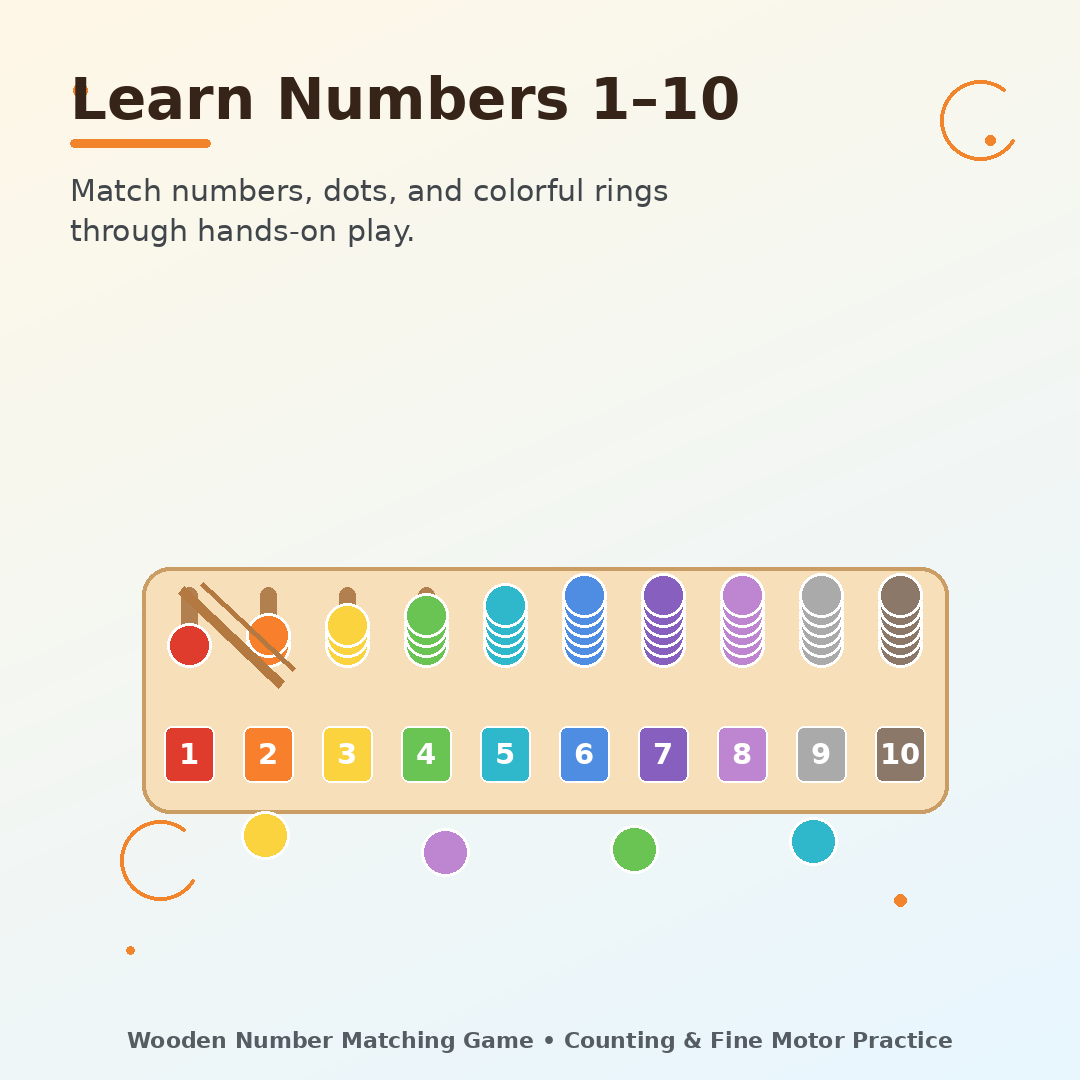 Wooden number matching game that helps kids learn numbers 1 to 10 with colorful rings and hands-on counting play
